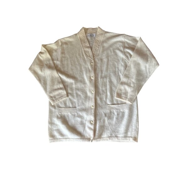United Colors Of Benetton Cream Cardigan Embroidered Collar Angora Wool Preppy - Picture 1 of 6